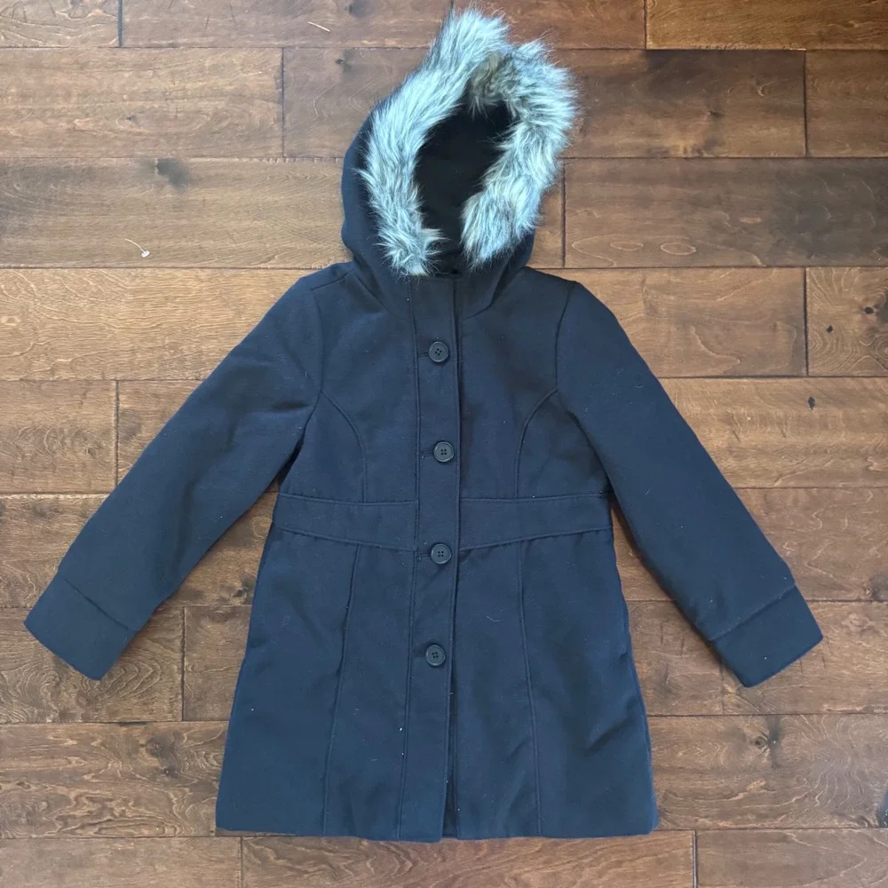 Cat & Jack Girls Black Hooded Winter Coat Faux Fur Trim Size Small 6-6X